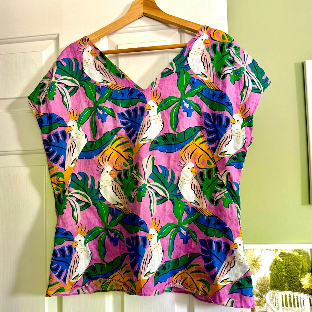 Boden Tropical Bird Cockatiel or Cockatoo Print Linen Top - Pink and Green